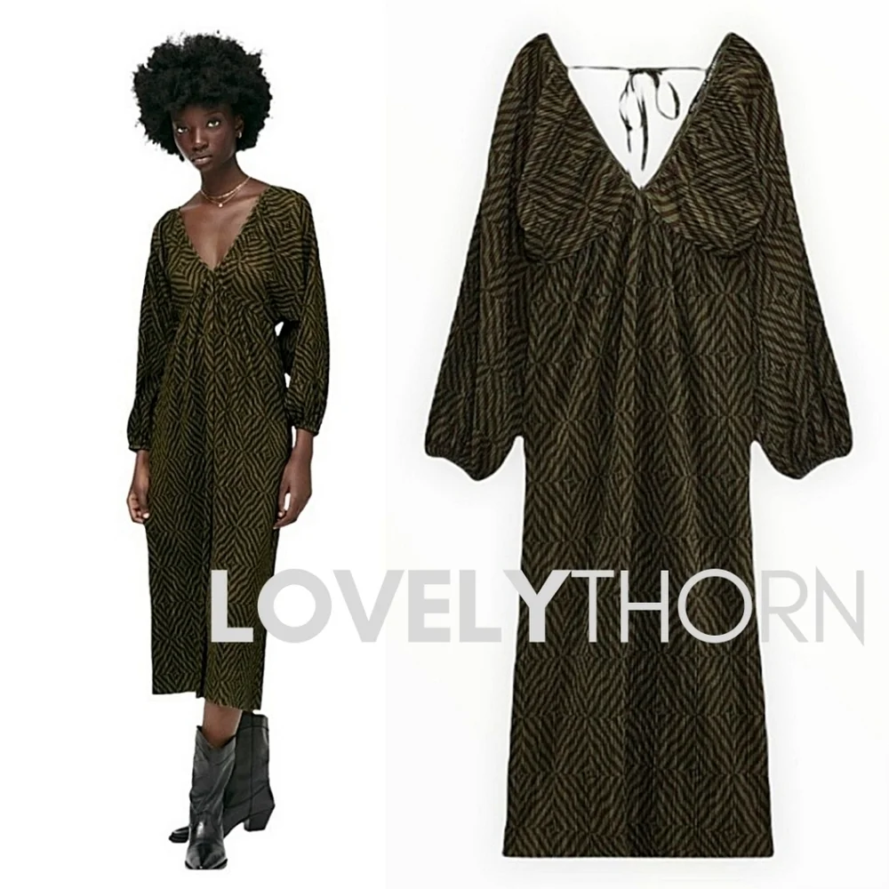 ZARA // silky pleated olive black geo print plunge balloon sleeve midi dress